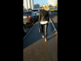 beautiful blonde in leggings, in a hurry on business (2 part)